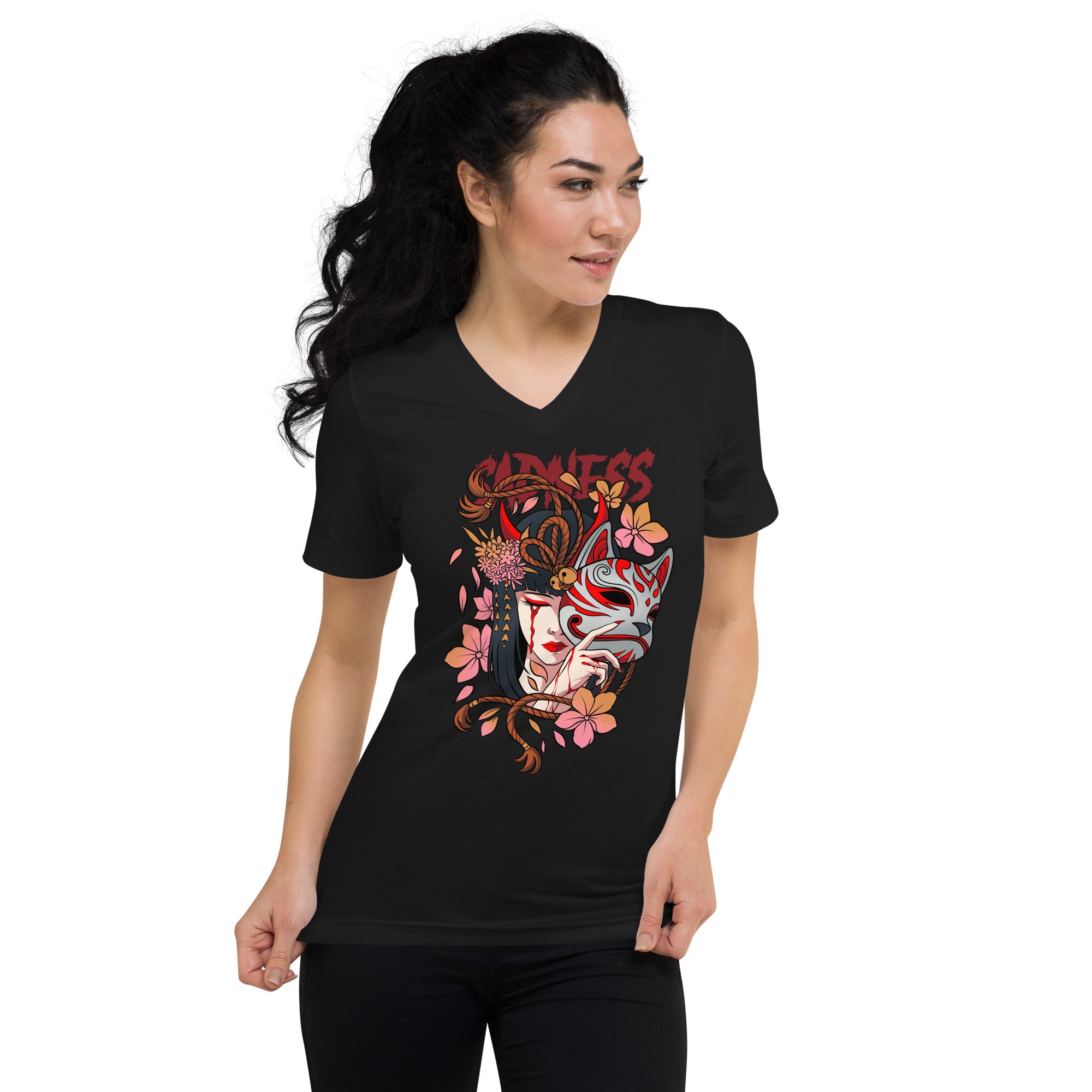 Camiseta de manga corta y cuello de pico de mujer