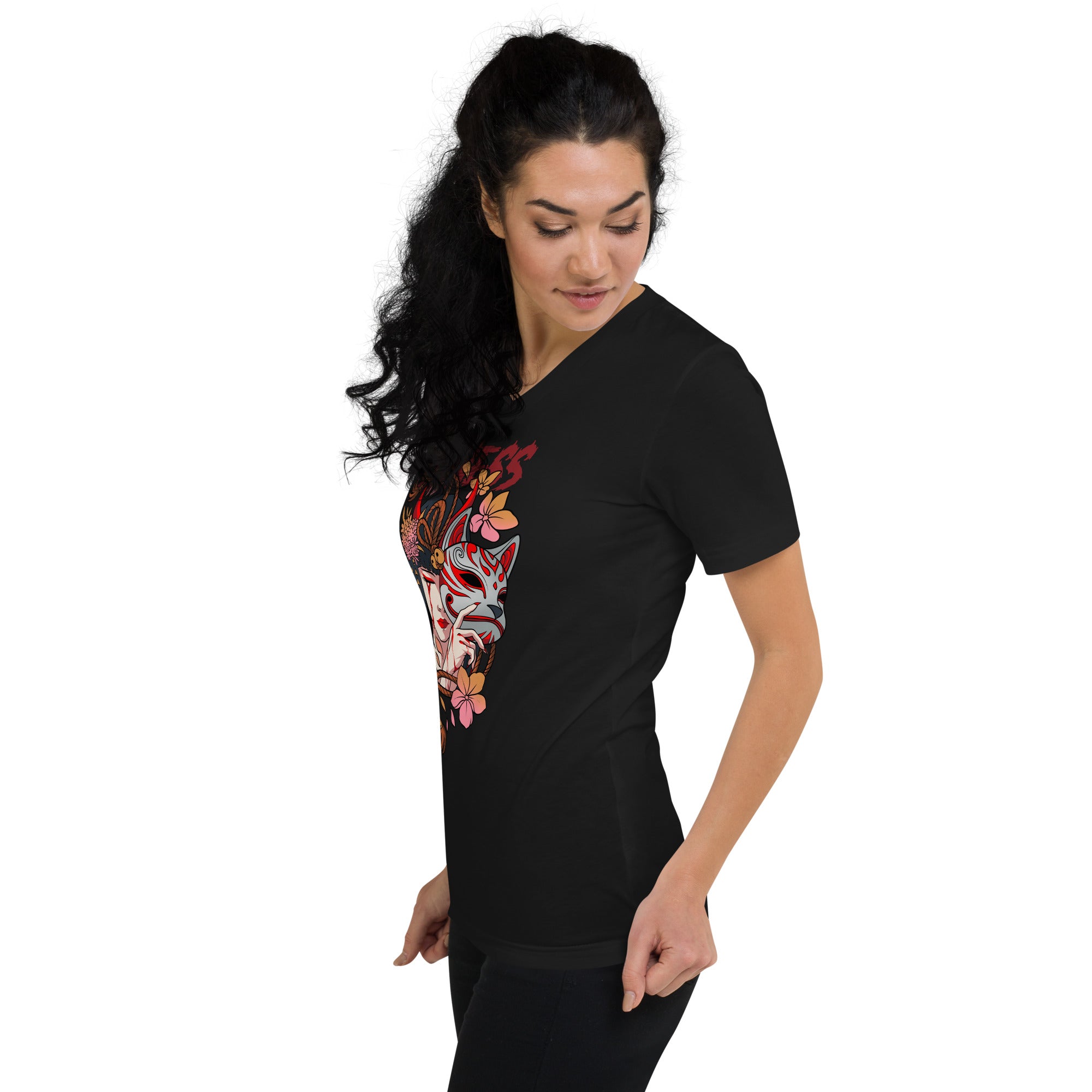 Camiseta de manga corta y cuello de pico de mujer